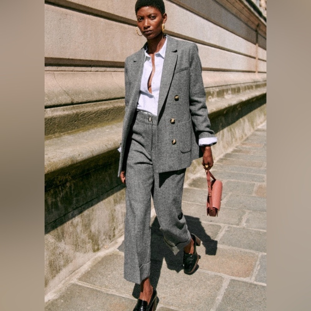 Sezane Damon Trousers Pants in Mottled Grey Wool